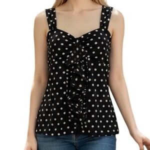 WHITE HOUSE BLACK MARKET Polka Dot Ruffle Front Black & White Tank Top